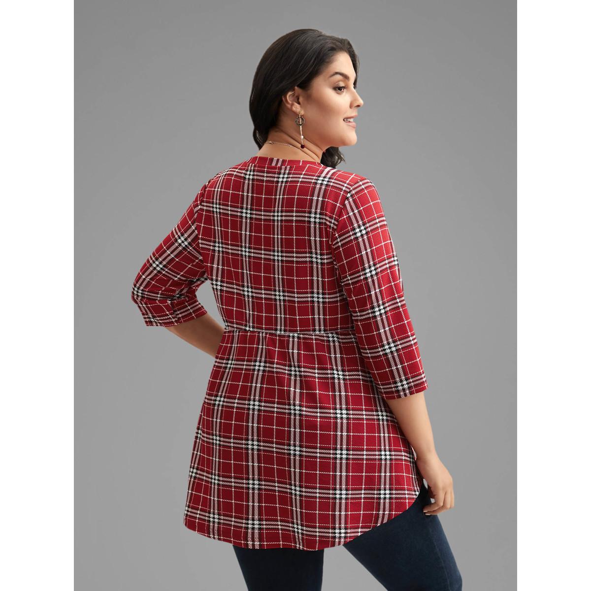 Plus Size Plaid Quarter-Sleeve Elastic Waist Tee Brightred Women Elegant Non V-neck Bodycon Everyday T-shirts BloomChic 22-24/3X Product Image