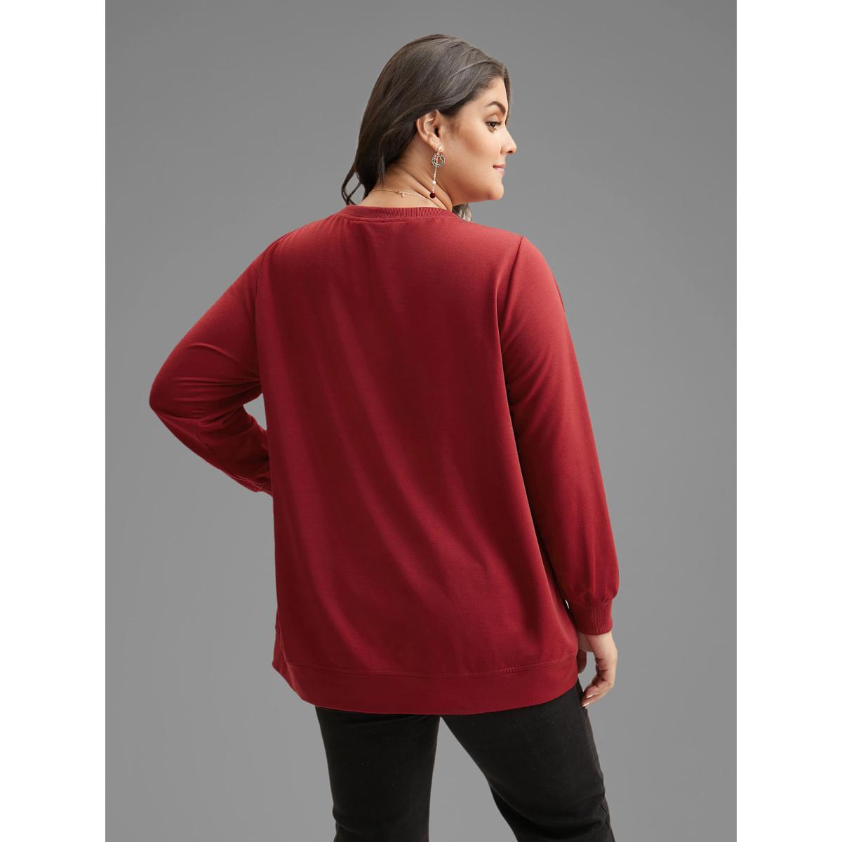 Plus Size Overlapping Hem Round Neck Sweatshirt Women Burgundy Casual Overlapping Round Neck Everyday Sweatshirts BloomChic 30/6X Product Image