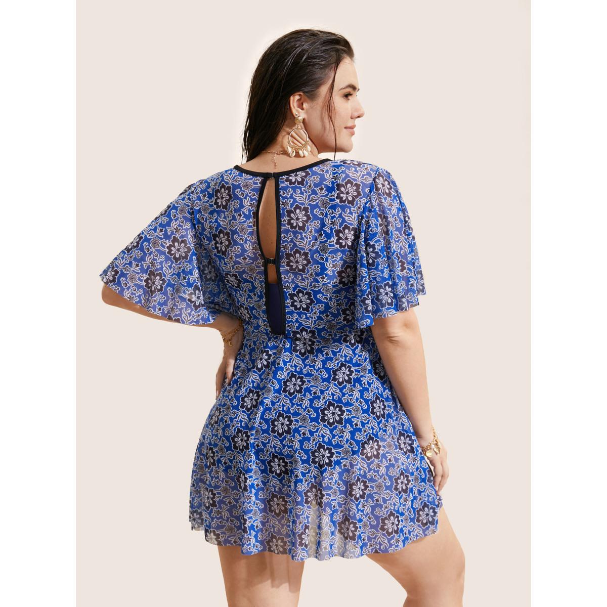 Plus Size Ditsy Floral Ruffle Sleeve Cut Out Swim Dress Women's Swimwear Mediumblue Beach Bodycon Round Neck High stretch Curve Swim Dresses BloomChic 30/6X Product Image