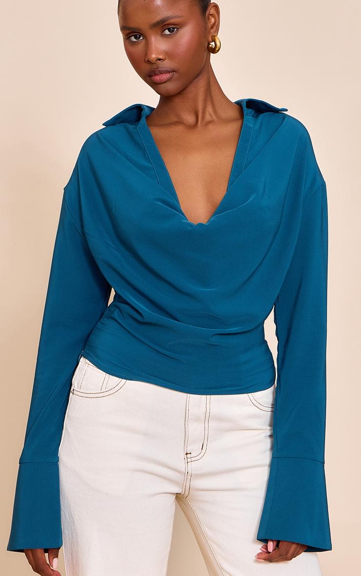 Teal Chiffon Cowl Neck Blouse Product Image
