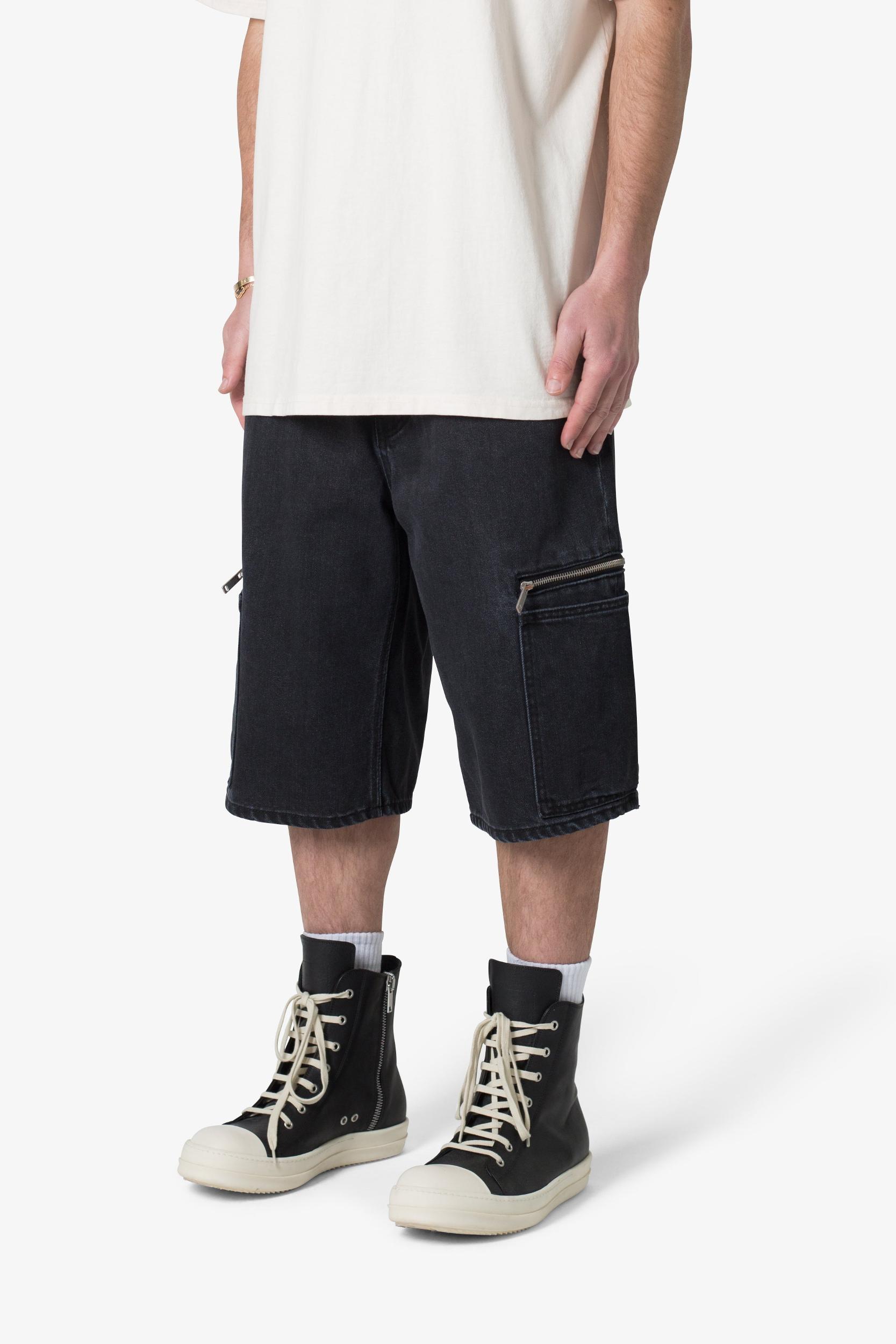 Zipper Baggy Denim Shorts - Black Product Image