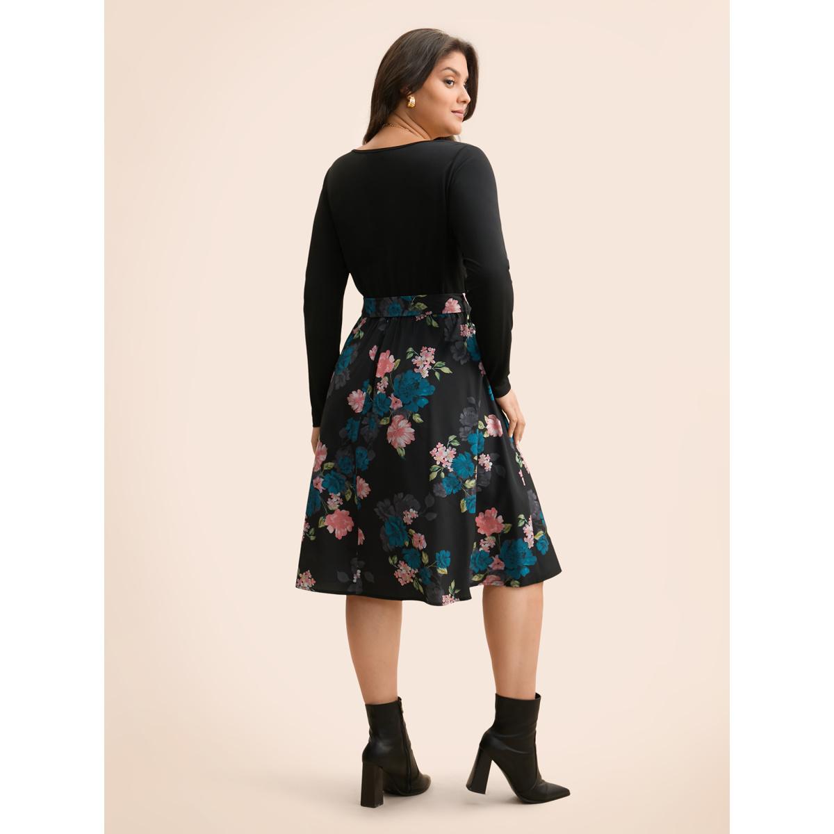 Plus Size V Neck Floral Patchwork Belted Dress Cerulean Women Elegant Belted V-neck Long Sleeve Curvy BloomChic 12/L Product Image