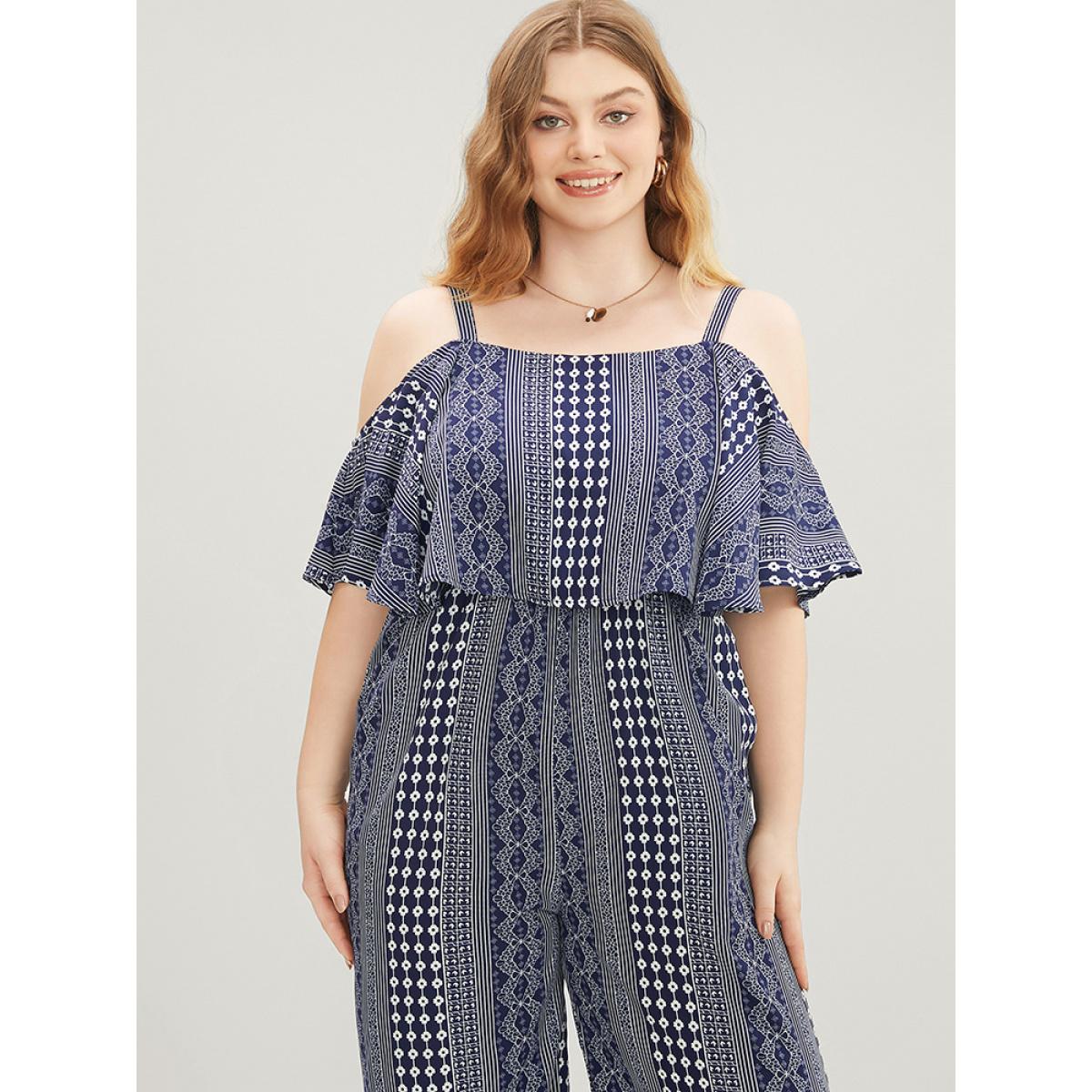 Plus Size Indigo Striped Geometric Pocket Ruffles Cold Shoulder Jumpsuit Women Vacation Short sleeve Cold Shoulder Dailywear Loose Jumpsuits BloomChic 30/6X Product Image