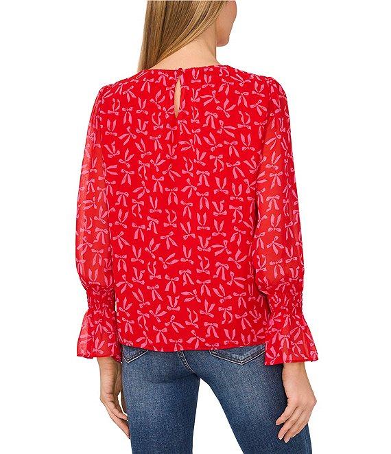 CeCe Gauze Chiffon Bow Print Crew Neck Long Ruffle Sleeve Top Product Image