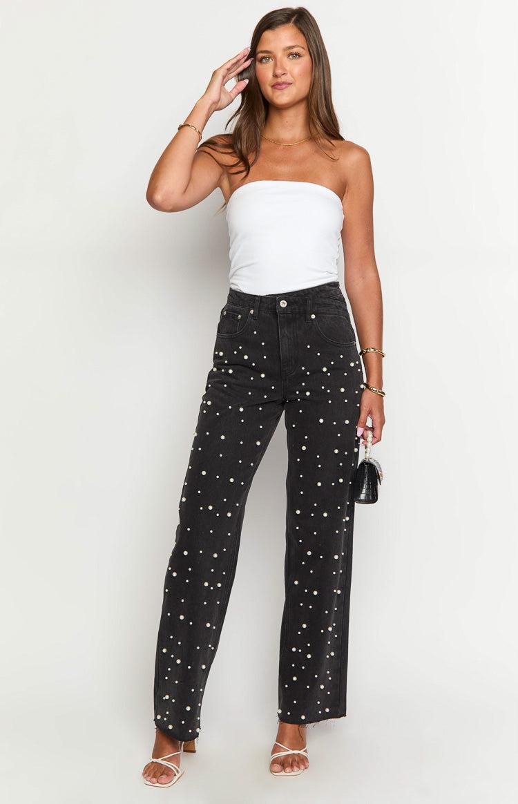 Denim Dazzle Pearl Black High Waisted Jeans Girls Product Image