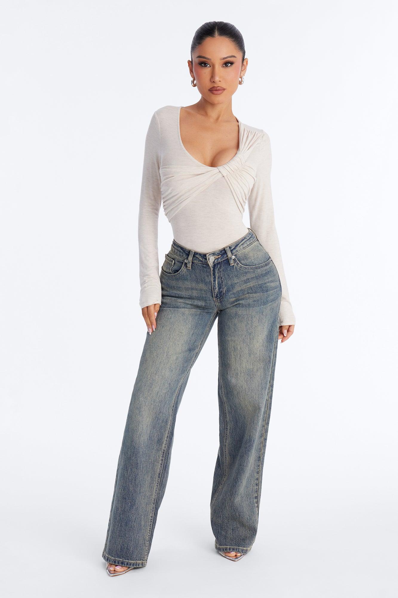 Sasha Ruched V Neck Long Sleeve - Oatmeal Female Product Image