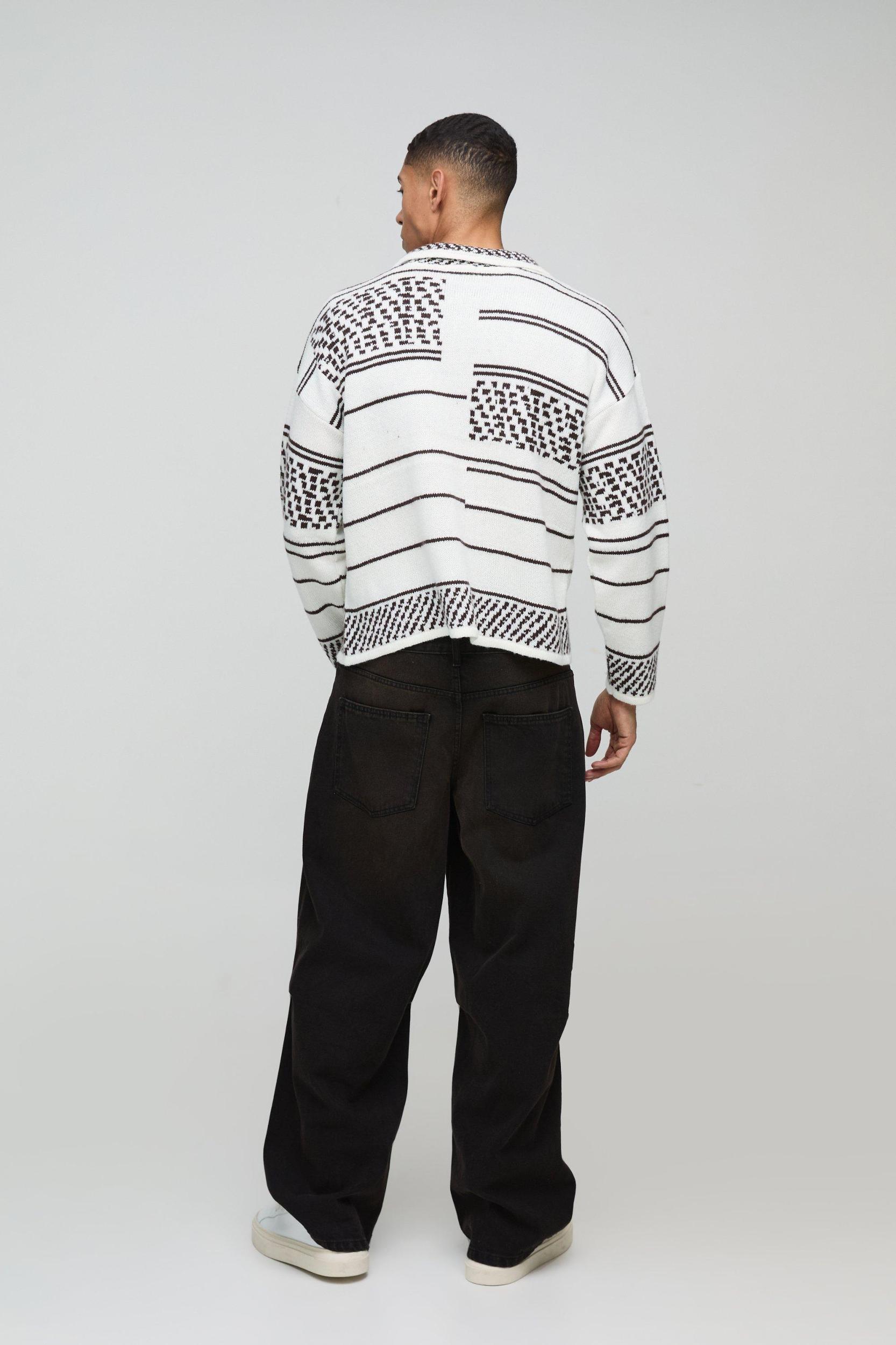 Oversized Boxy Brushed Patterned Knitted Polo Sweater | boohooMAN USA Product Image