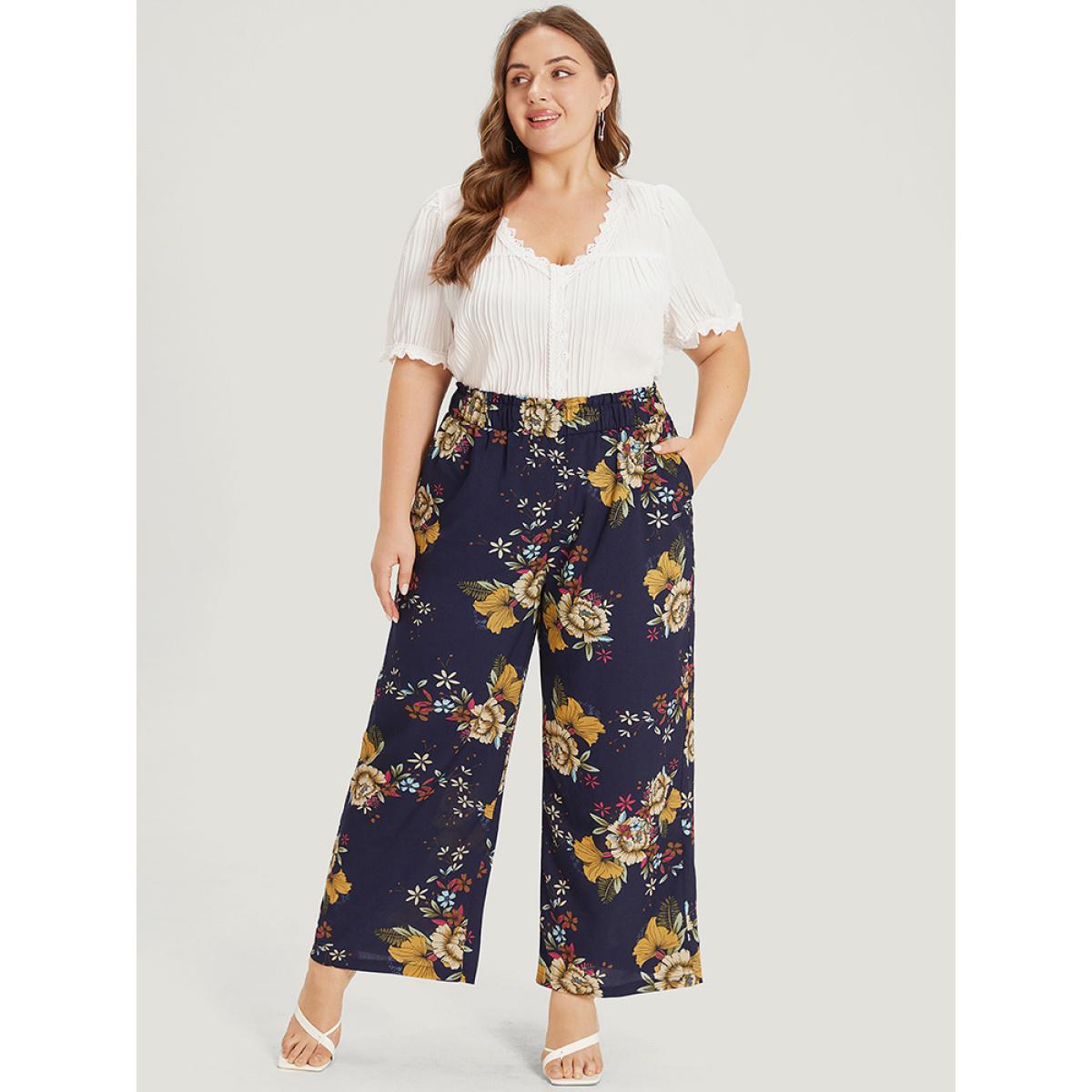 Plus Size Floral Print Pocket Elastic Waist Wide High Rise Pants Women Indigo Elegant Straight Leg High Rise Dailywear Pants BloomChic 22-24/3X Product Image