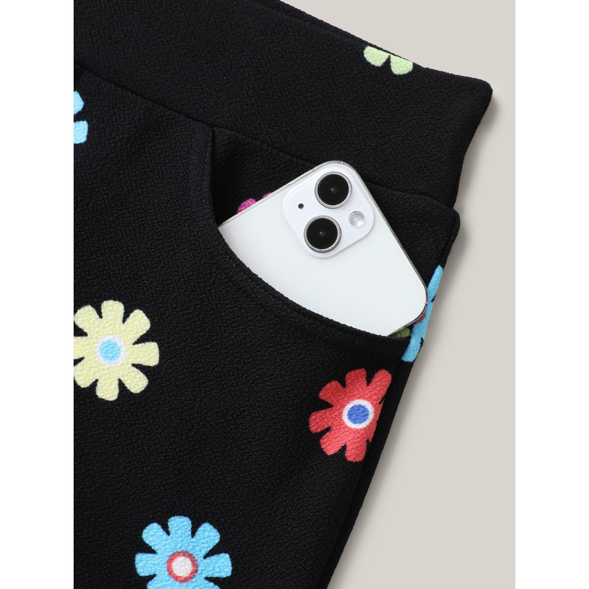 Plus Size Multi-Color Floral Print Flared Pants Women BlackFlower Playful Bodycon Mid Rise Casual Pants BloomChic 28/5X Product Image