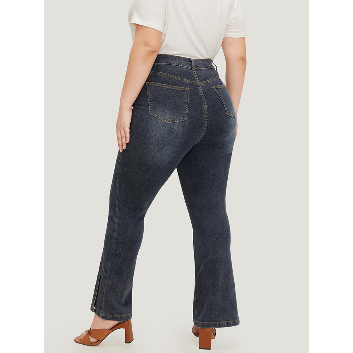 Plus Size Very Stretchy Split Hem Medium Wash Jeans Women Indigo Casual Plain Slit High stretch Pocket Jeans BloomChic 12/L Product Image