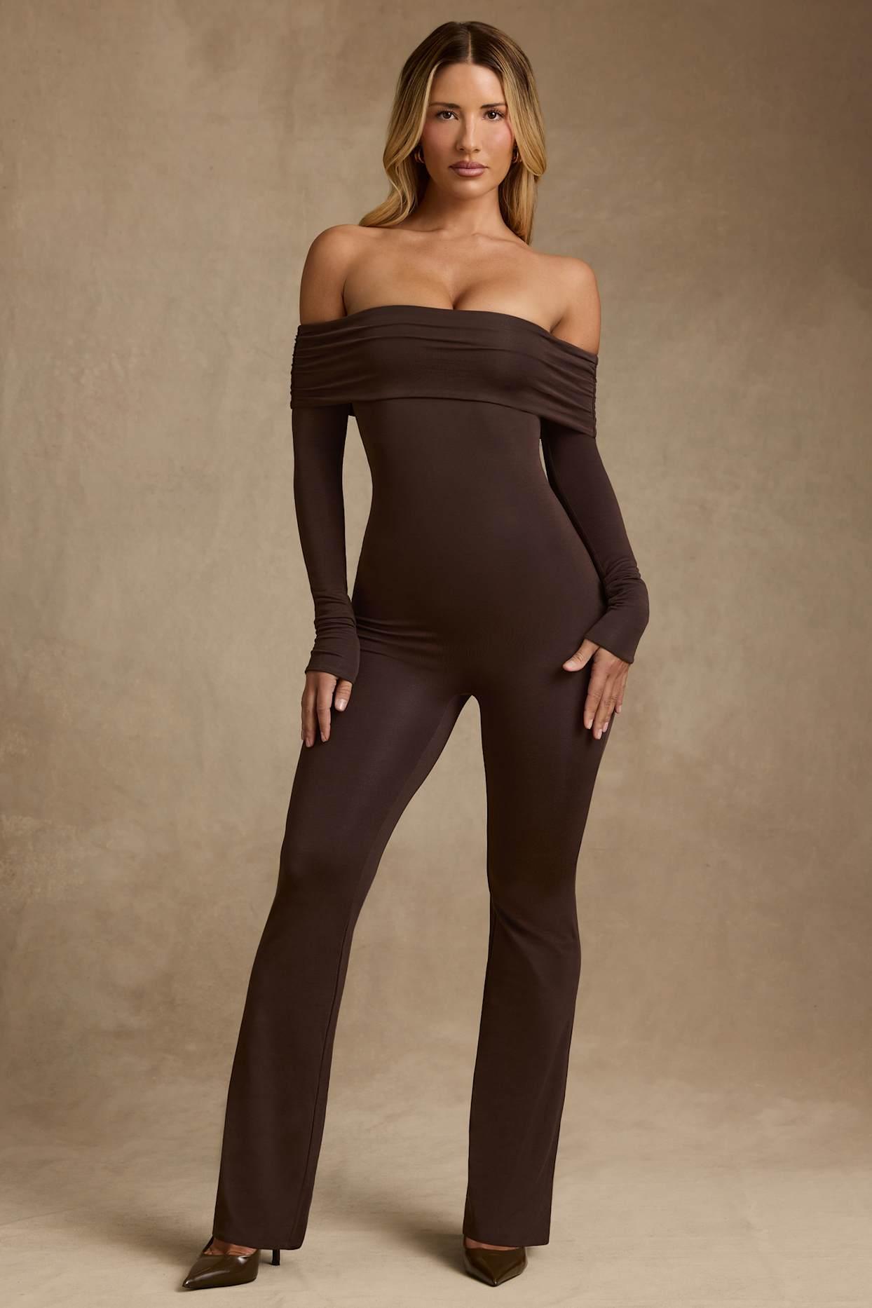 Modal Off-Shoulder Jumpsuit in Chocolate Brown Product Image