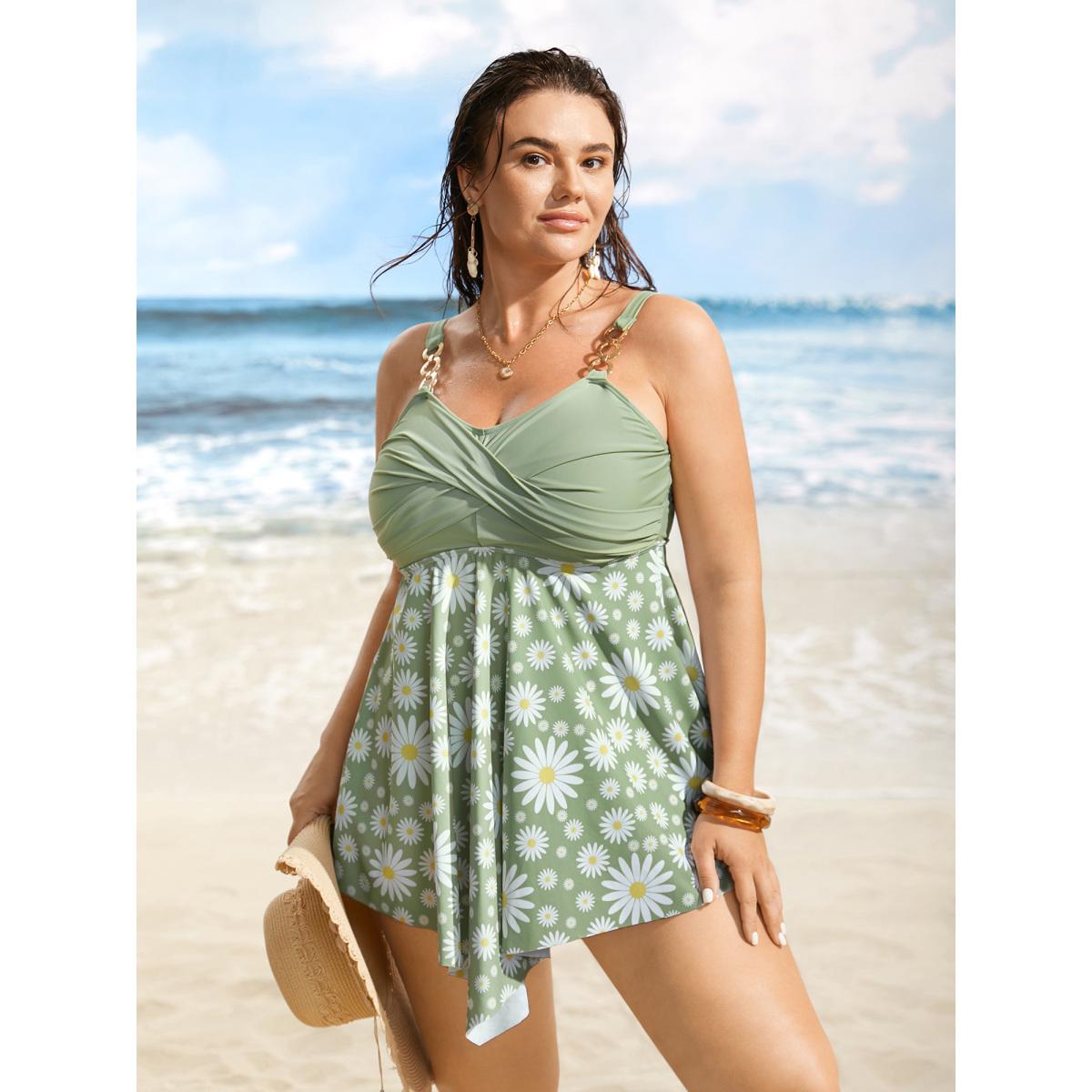 Plus Size Floral Patchwork Twist Front Buckle Detail Swim Dress Women's Swimwear LightGreen Beach Bodycon Heart neckline High stretch Curve Swim Dresses BloomChic 12/L Product Image