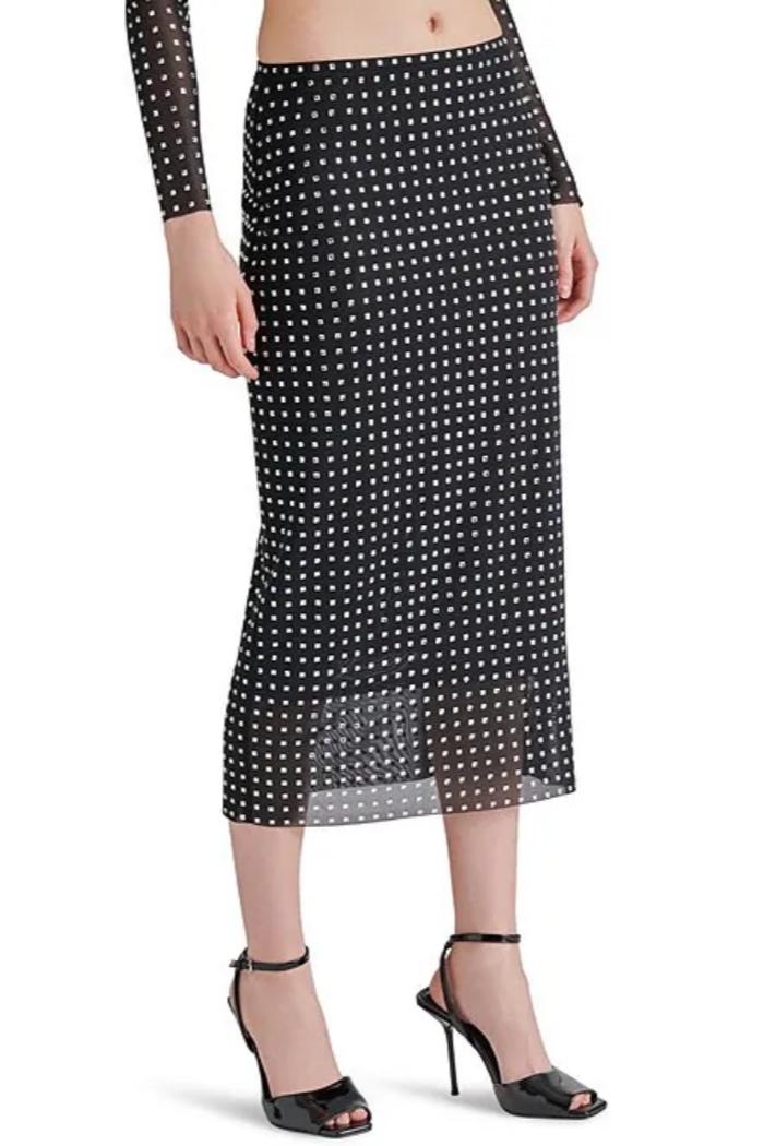 Emi Embellished Rhinestone Mesh Midi Skirt- Black Product Image