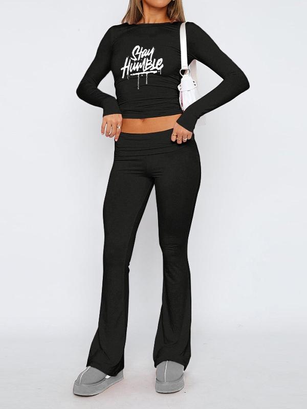 Letter Print Slim Long Sleeve Tee & Wide Leg Pants Set Product Image
