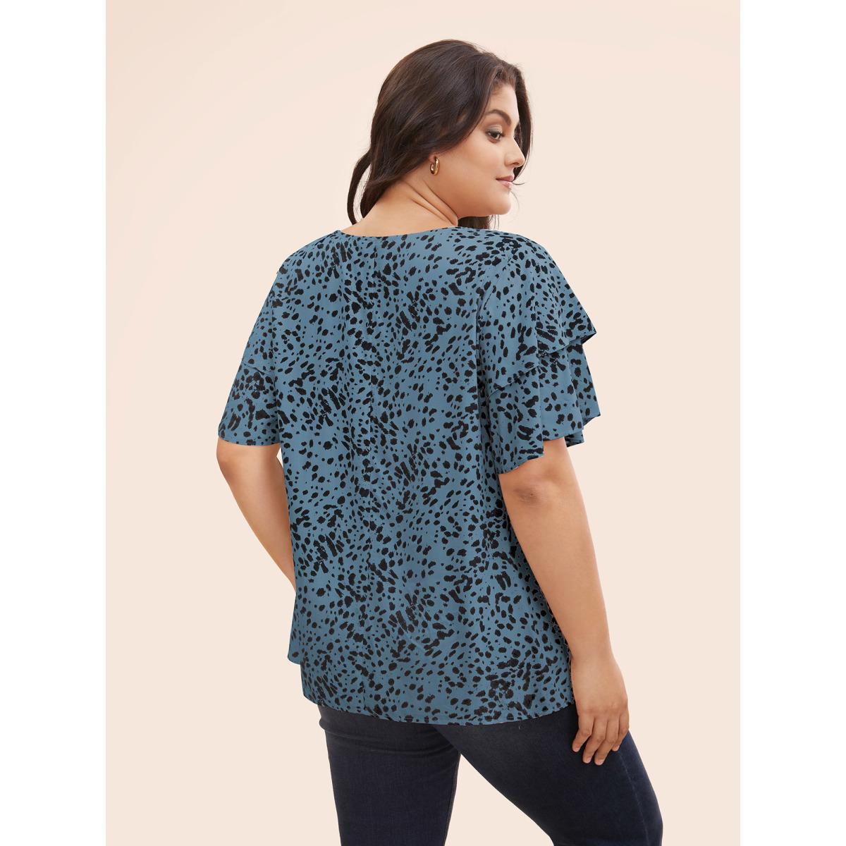Plus Size Stone Leopard Crew Neck Ruffle Tiered Sleeve Blouse Women Elegant Short sleeve Round Neck Everyday Blouses BloomChic 14-16/1X Product Image