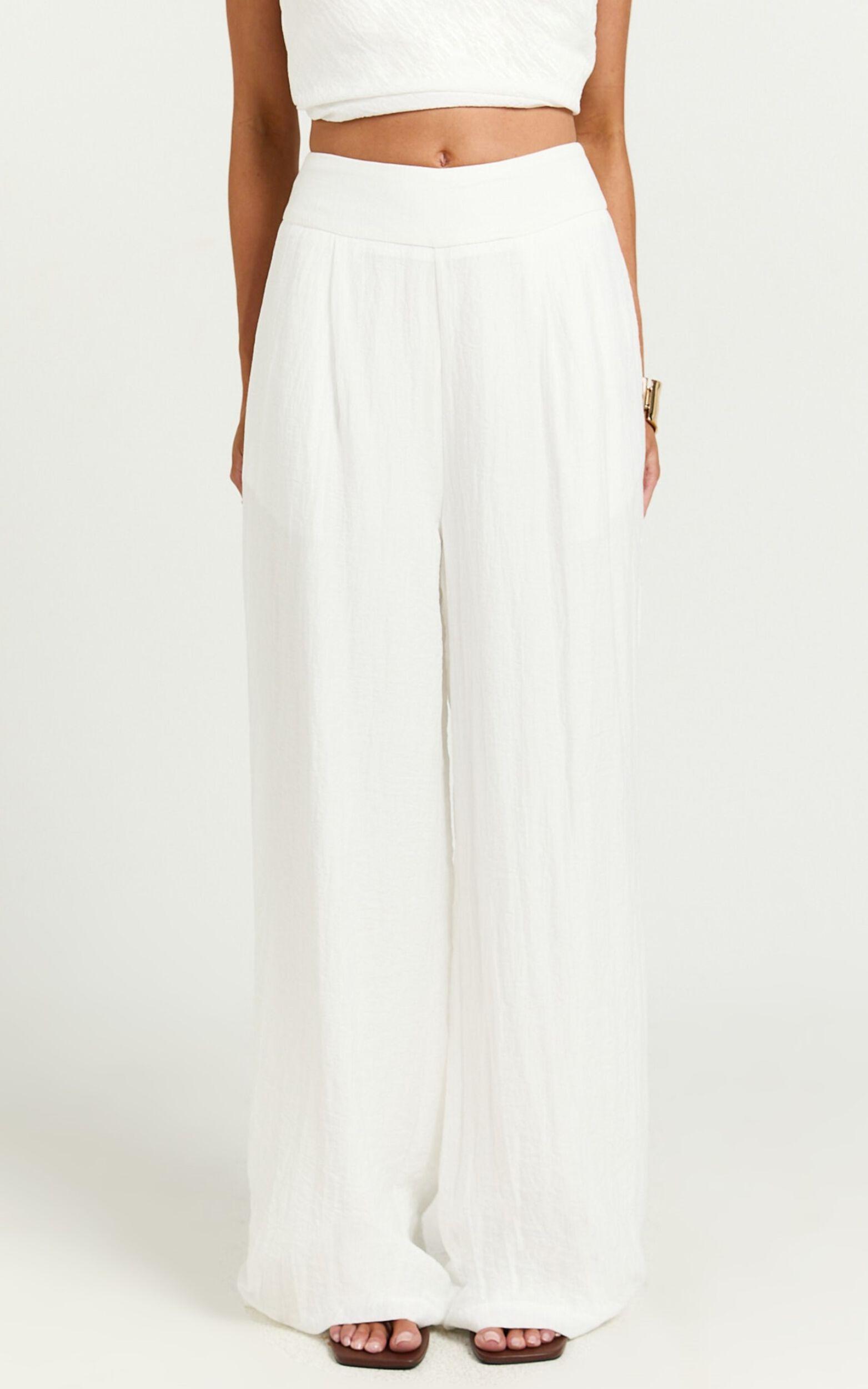 Hilda Pants - High Waisted Linen Look Palazzo Pants in White Product Image