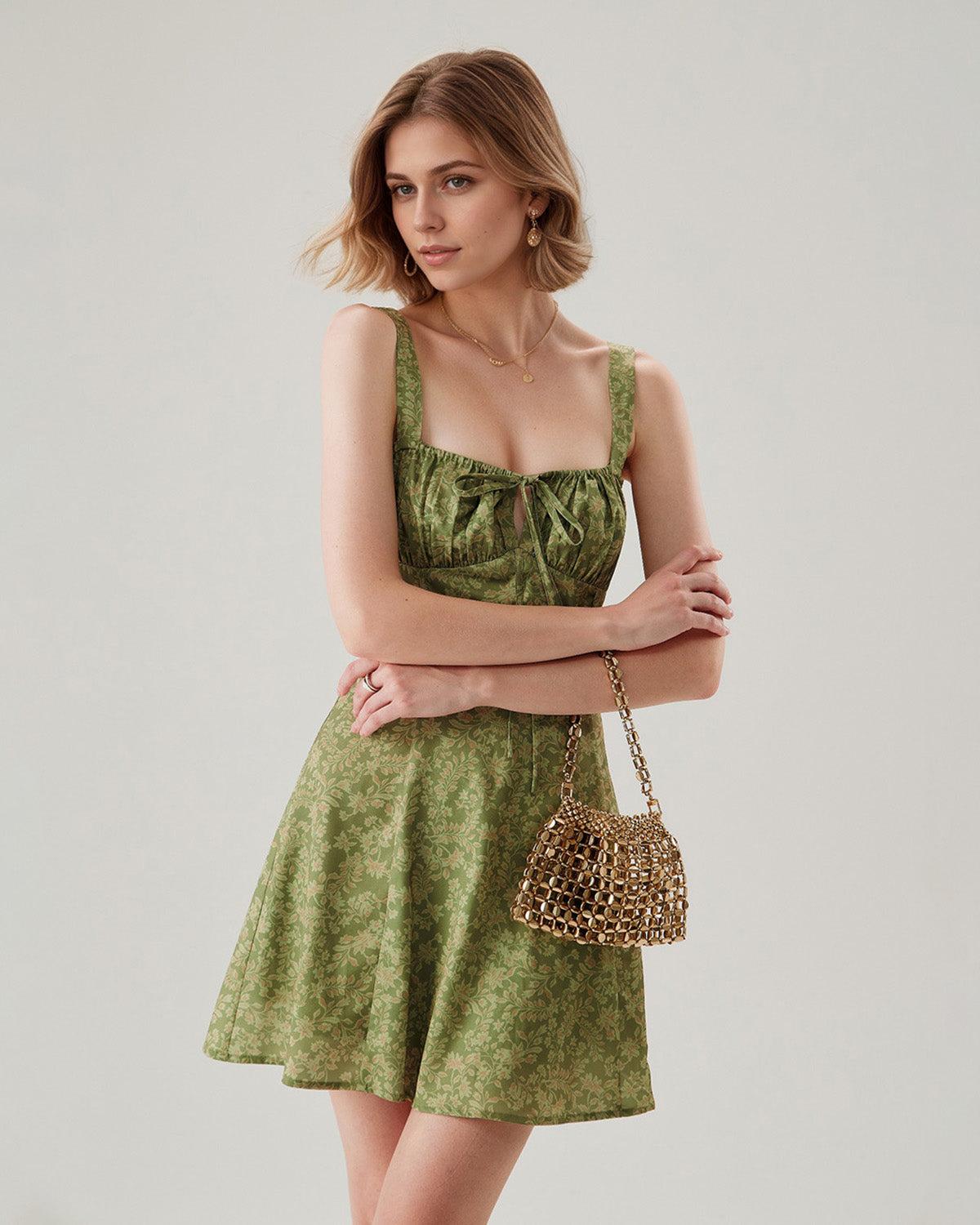 Green Floral Ruched Slip Mini Dress Product Image