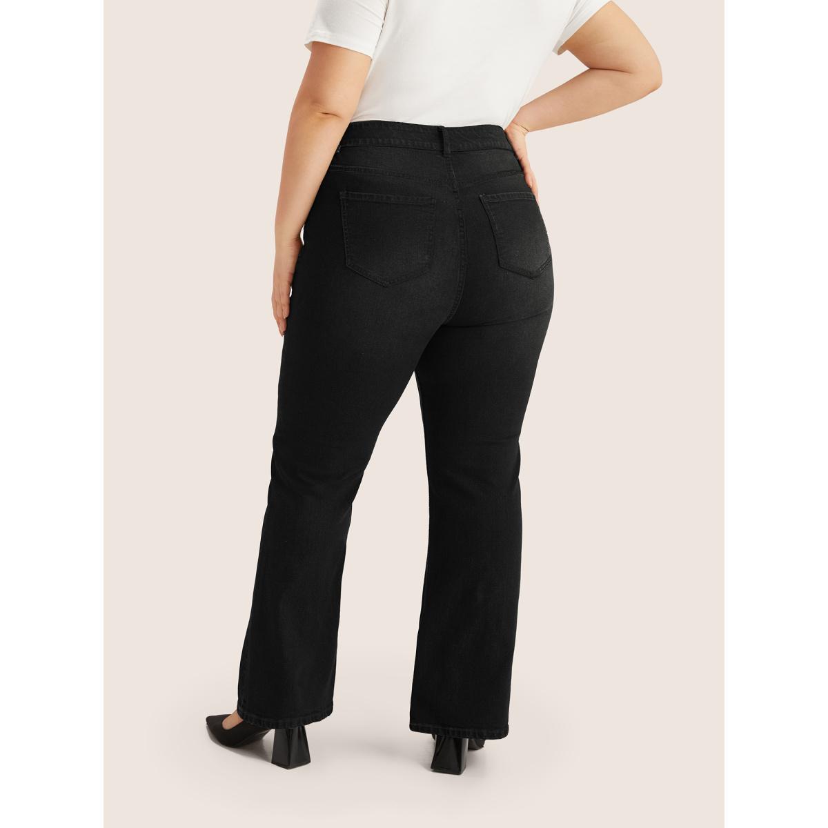 Plus Size Plain Bootcut Pocket Zipper Fly Jeans Women Black Casual Plain Non High stretch Slanted pocket Jeans BloomChic 12/L Product Image