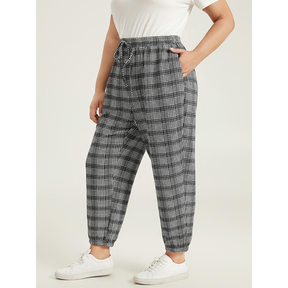 Houndstooth Ties Elastic Waist Sweatpants Black Plus Size Women Casual Dailywear Cross straps 10/M Bloomchic Product Image