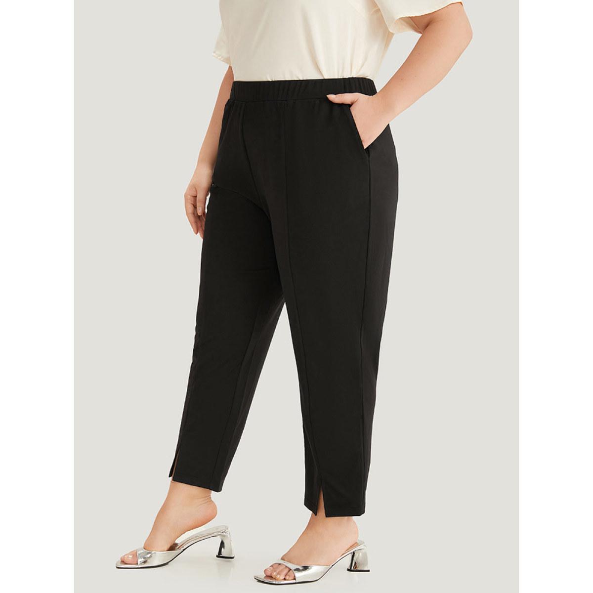 Plus Size Plain Split Hem Pocket Elastic Waist Pants Women Black At the Office High Rise Office Pants BloomChic 10/M Product Image