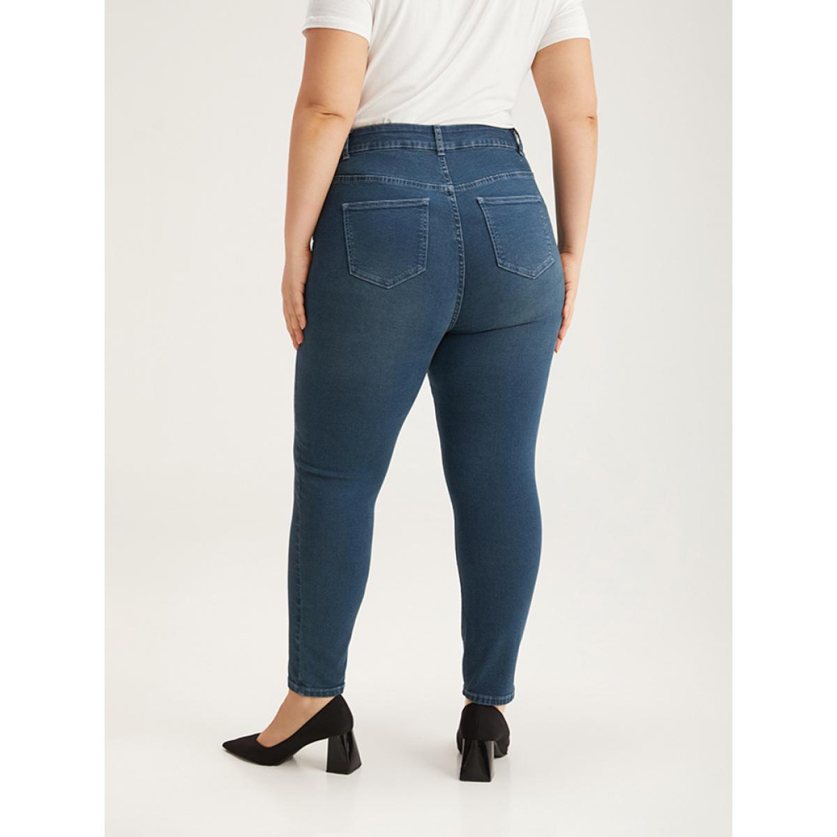 Plus Size Contrast Pocket Elastic Waist Very Stretchy Jeans Women Indigo Casual Plain Elastic Waist High stretch Pocket Jeans BloomChic 22/3X Product Image
