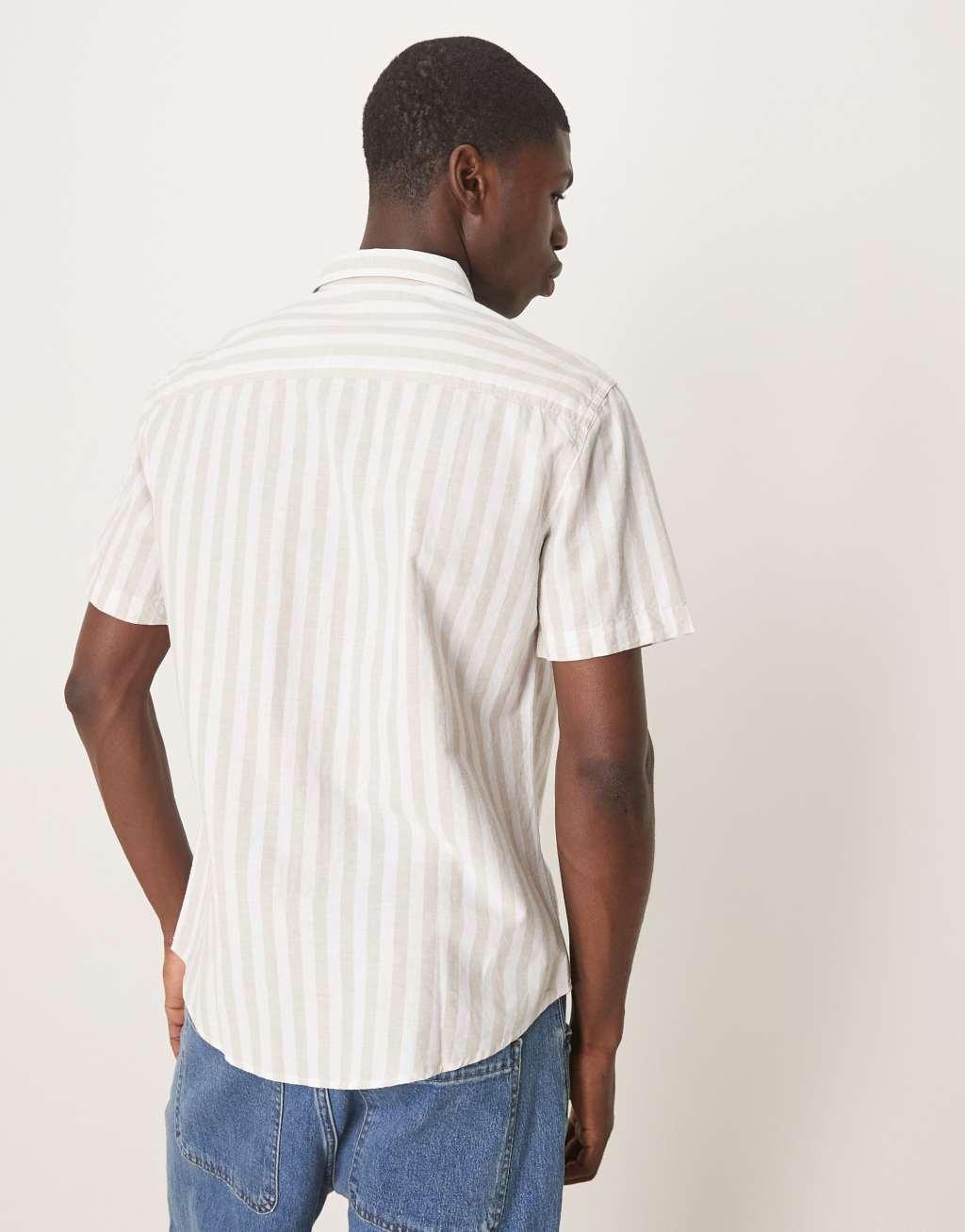 Selected Homme linen blend short sleeve shirt in cream stripe Product Image