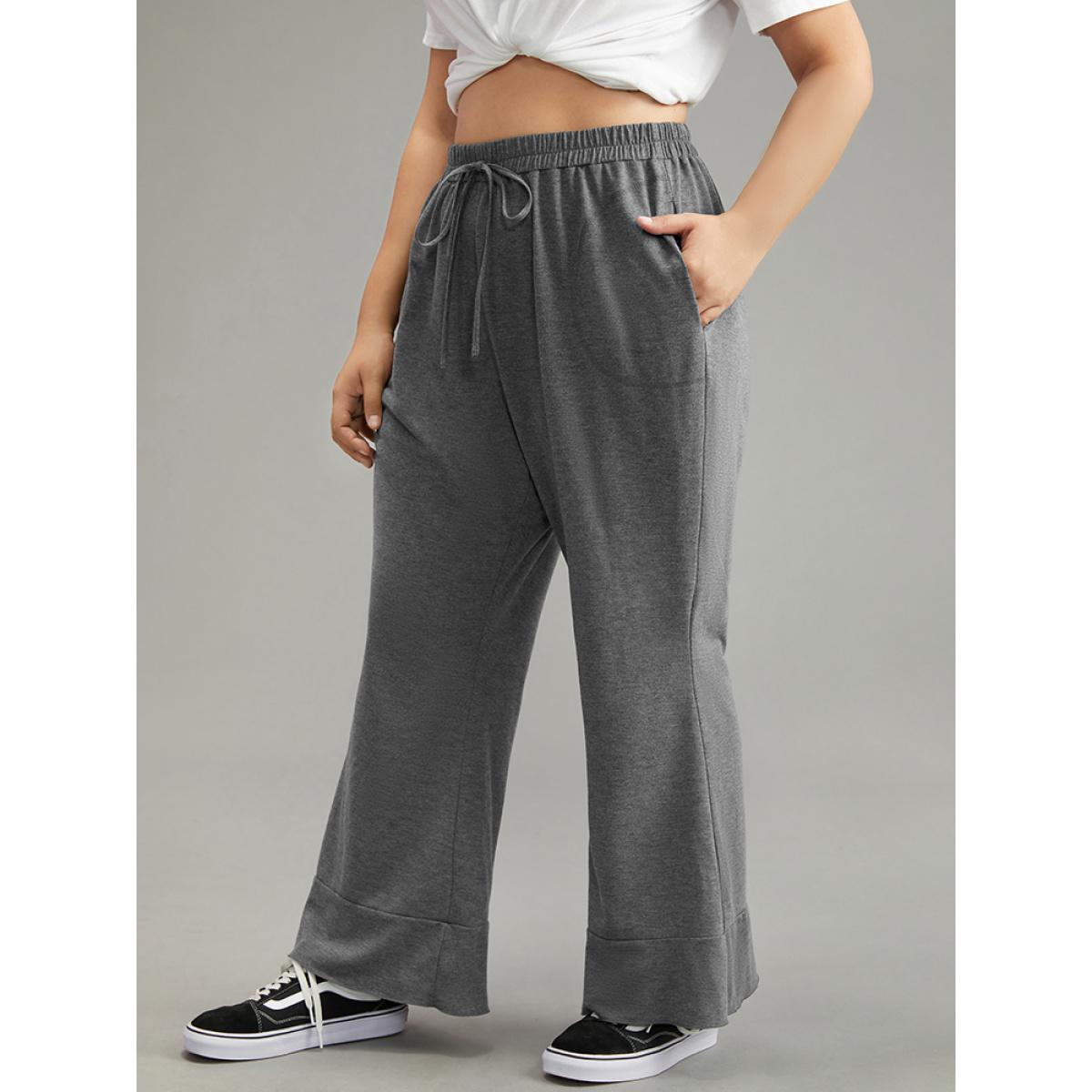 Plus Size Solid Pocket Knotted Flare Leg Pants Women Gray Casual Flare Leg High Rise Dailywear Pants BloomChic 10/M Product Image
