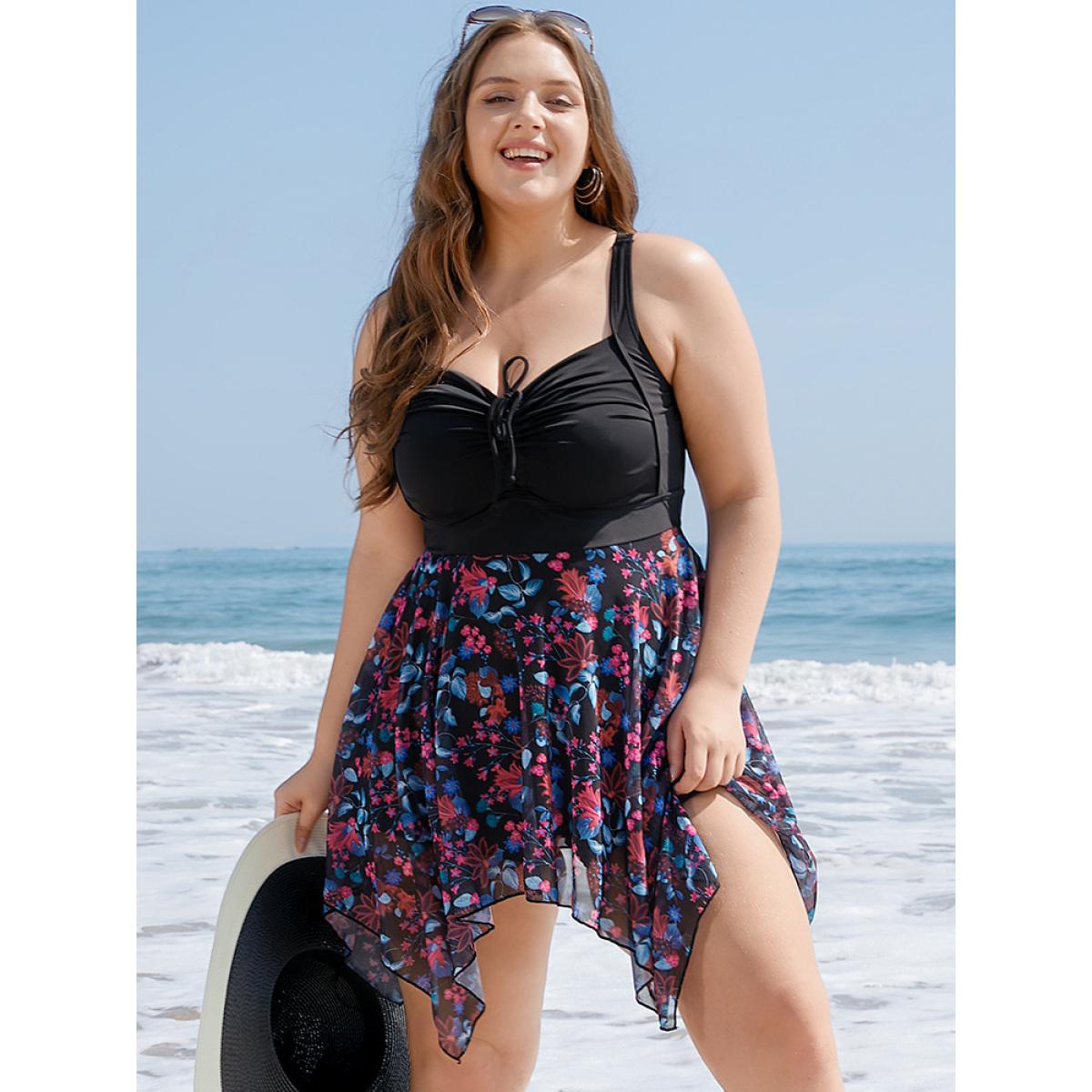 Mesh Adjustable Straps Plus Size Women Tropical Swim Dress Very Stretchy Bodycon Sleeveless V Neck Vacation Swim Dresses BloomChic Product Image