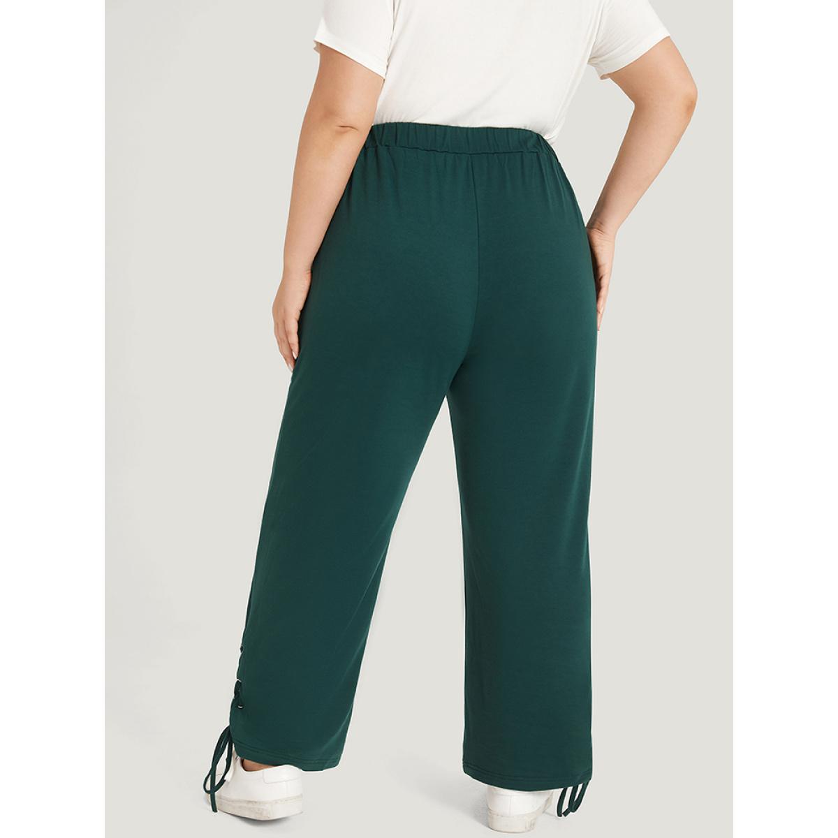 Plain Pocket Elastic Waist Lace Up Side Sweatpants Emerald Plus Size Women Casual Dailywear Plain 10/M Bloomchic Product Image