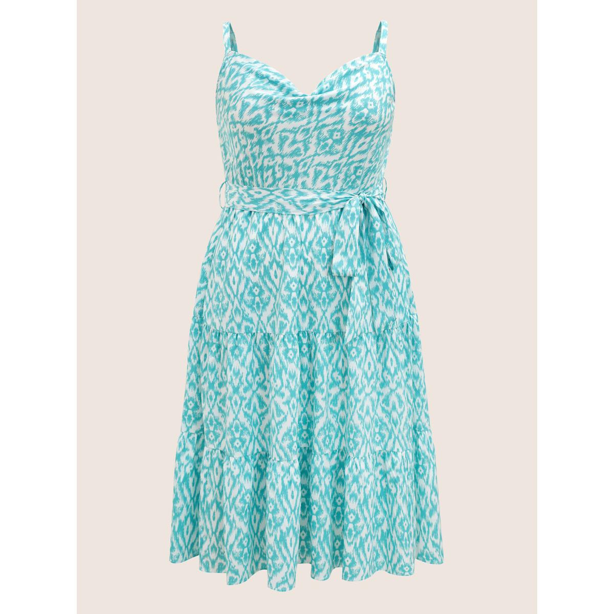 Plus Size Cowl Neck Bandana Print Midi Dress Turquoise Women Resort Cowl Neck Sleeveless Curvy BloomChic 28/5X Product Image