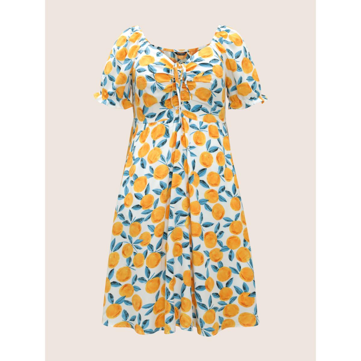 Plus Size Fruits Print Drawstring Ruched Lantern Sleeve Dress Ivory Women Elegant Gathered Tie Neck Short sleeve Curvy Midi Dress BloomChic 10/M Product Image