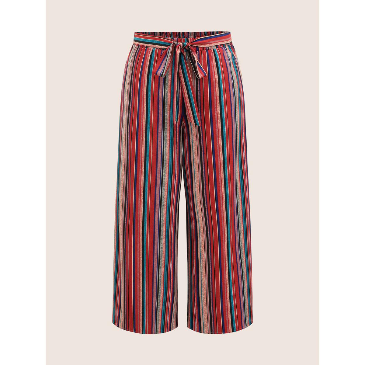 Plus Size Contrast Striped Tie Knot Wide Leg Pants Women Multicolor Casual Wide Leg Mid Rise Everyday Pants BloomChic 22-24/3X Product Image