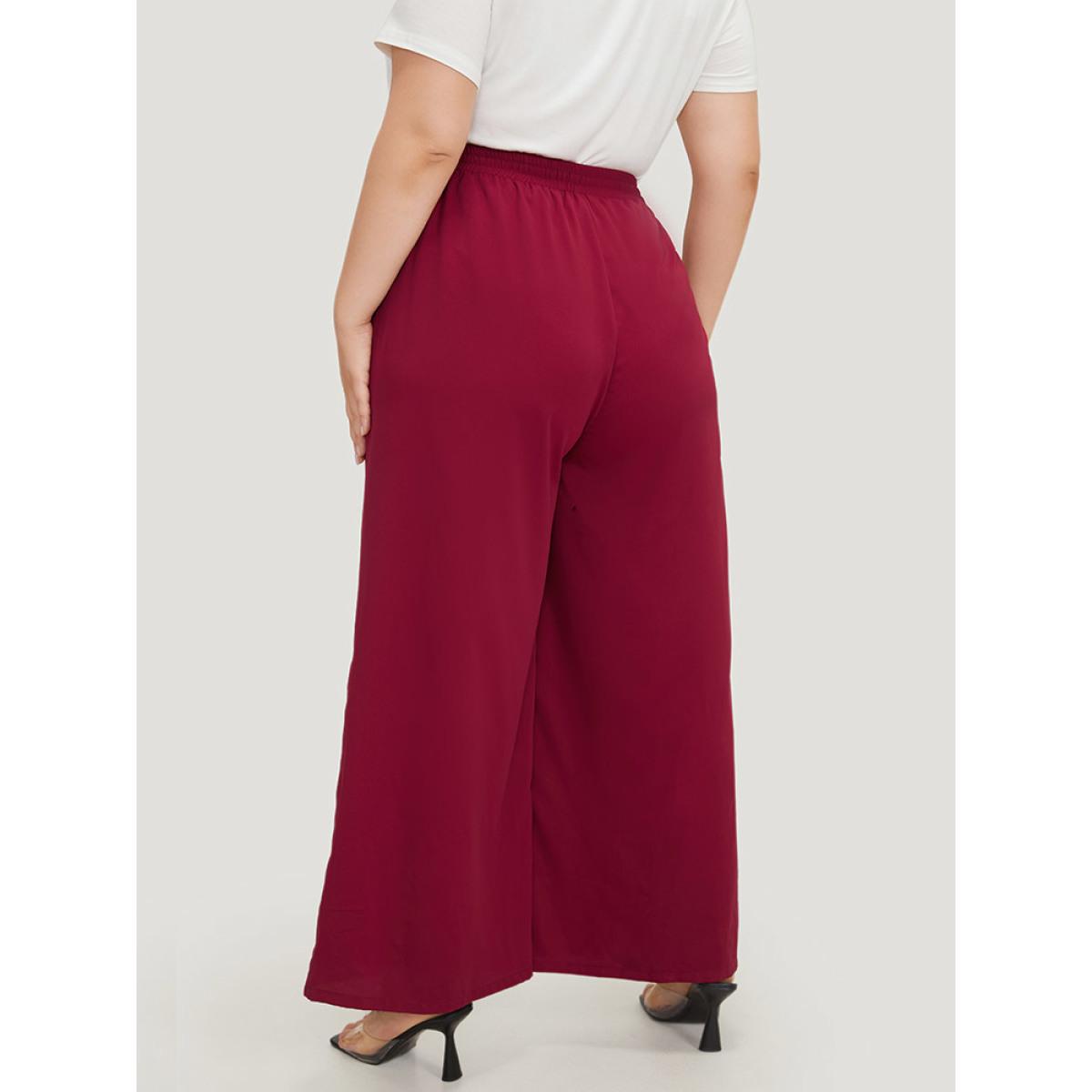 Plus Size Solid Pocket Drawstring Wide Leg Pants Women Burgundy Office Wide Leg High Rise Office Pants BloomChic 14-16/1X Product Image
