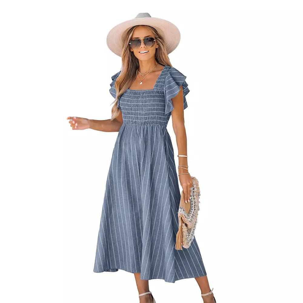 Women's Cupshe Smocked Pinstriped Cover Up Midi Dress,  Product Image