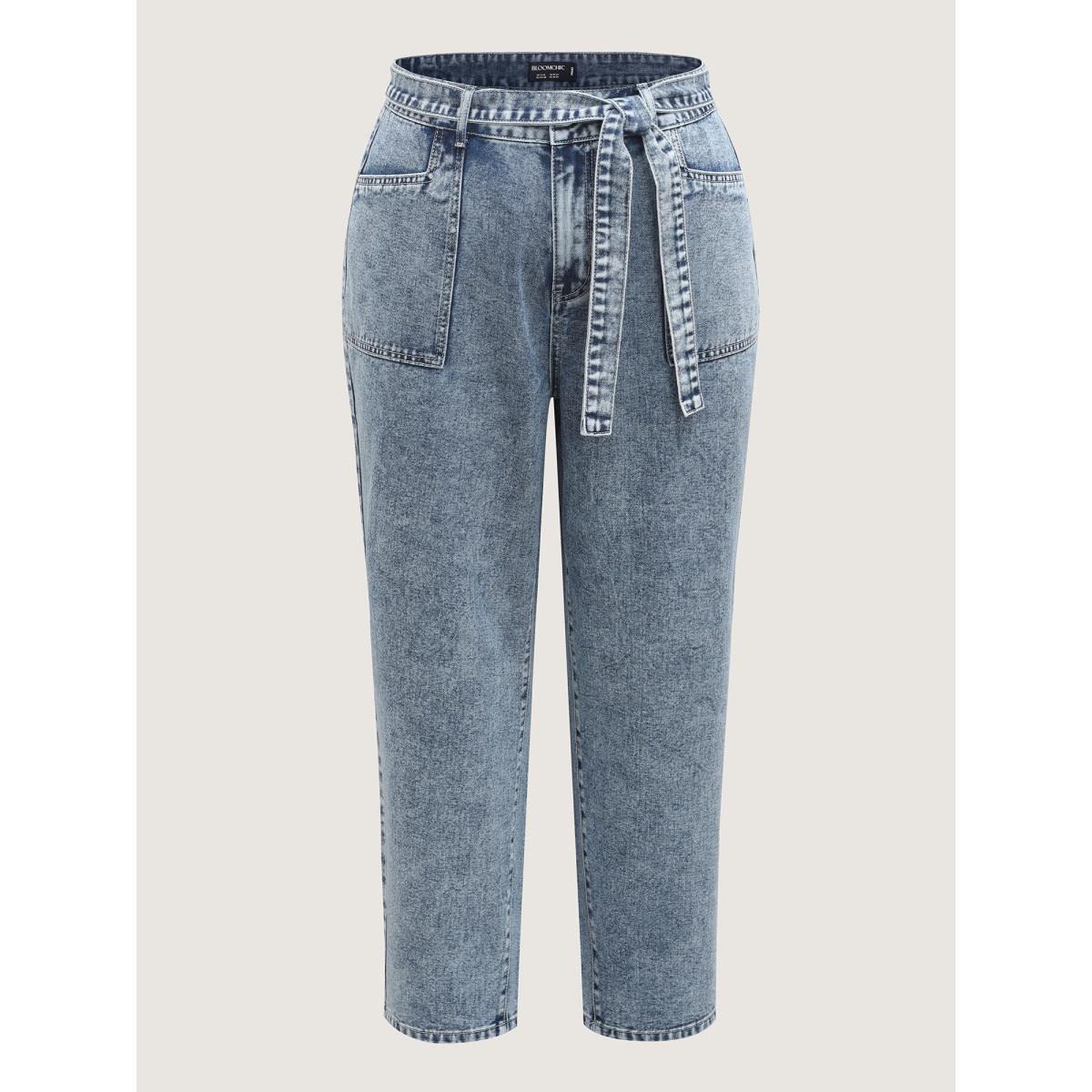 Plus Size Waist Belted Pockets Boyfriend Jeans Women Midblue Leisure Low stretch Slanted pocket Jeans BloomChic 30/6X Product Image