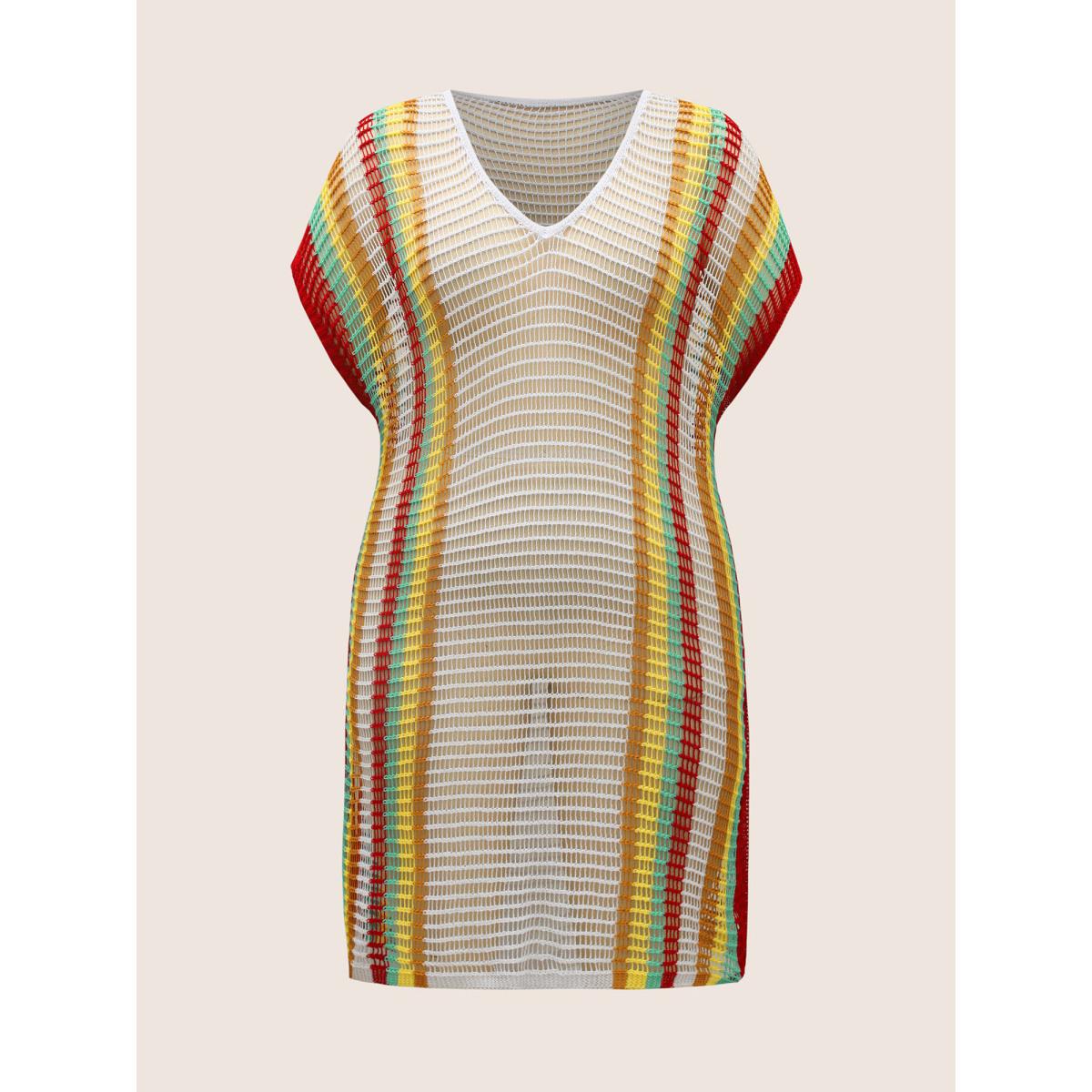 Plus Size Contrast Striped Dolman Sleeve Split Side Swim Cover Up Women's Swimwear Originalwhite Beach Loose Texture Curve Swim Cover Ups BloomChic 18-20/2X Product Image