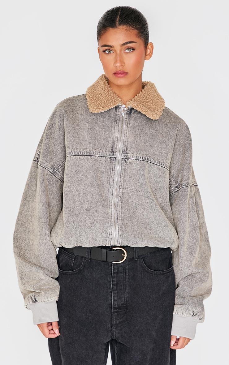 Light Grey Borg Collar Denim Bomber Jacket Product Image