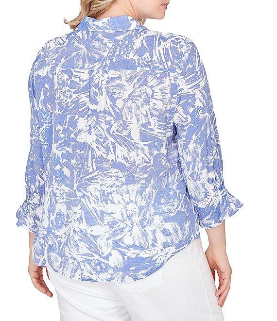 Ruby Rd. Plus Size Silky Slub Woven Brushstroke Floral Collared V-Neck 3/4 Sleeve Top Product Image