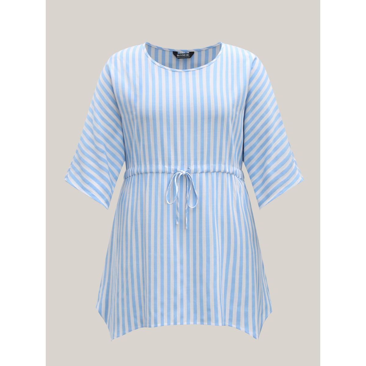Plus Size LightBlue Cotton Linen Blend Striped Tied Blouse Women Elbow-length sleeve Round Neck Everyday-Elegant Blouses BloomChic 14-16/1X Product Image