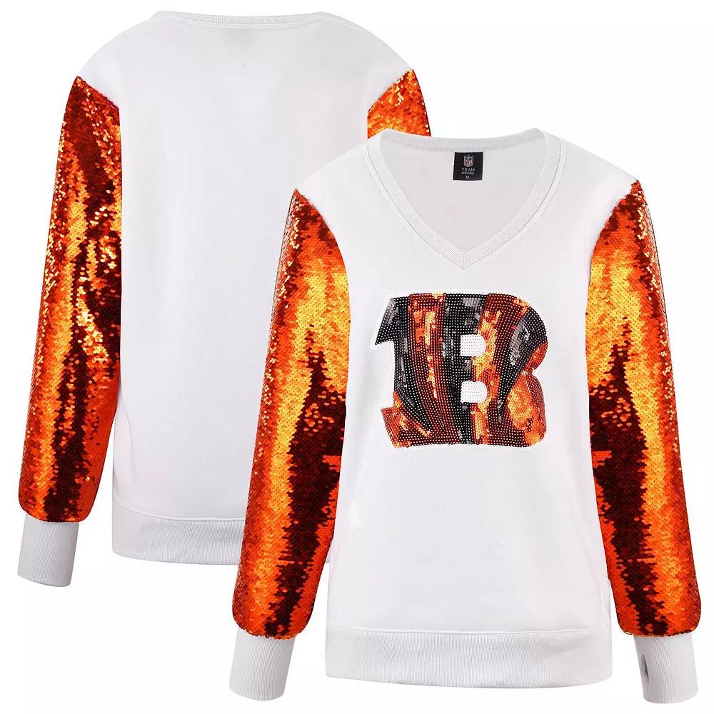 Women's Cuce White Cincinnati Bengals Sequin Sleeve V-Neck Pullover Sweatshirt, Size: 2XL Product Image