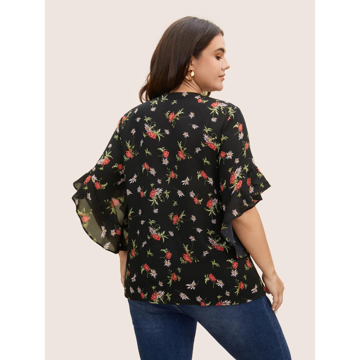 Plus Size Black Notched Floral Pleated Ruffle Sleeve Blouse Women Elegant Half Sleeve Flat collar with V-notch Everyday Blouses BloomChic 14-16/1X Product Image