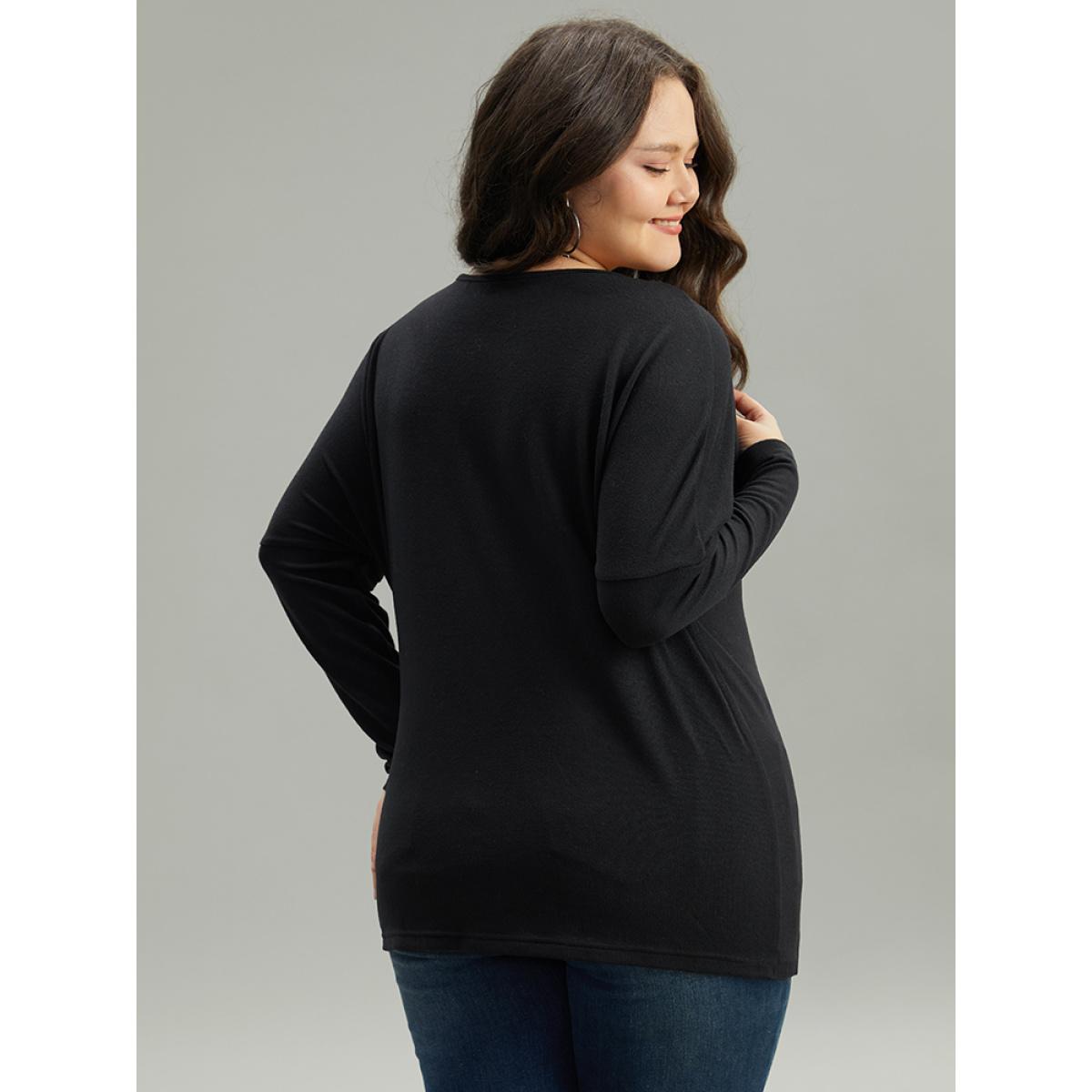 Plus Size Solid Zipper Detail Patchwork T-shirt Black Women Casual Plain Plain V-neck Dailywear T-shirts BloomChic 22-24/3X Product Image
