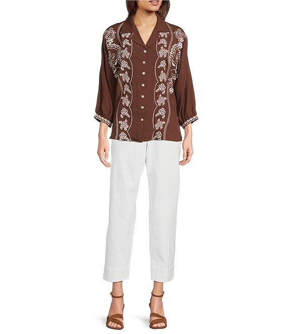 Tru Luxe Jeans Embroidered 3/4 Dolman Sleeve Button Front Shirt Product Image