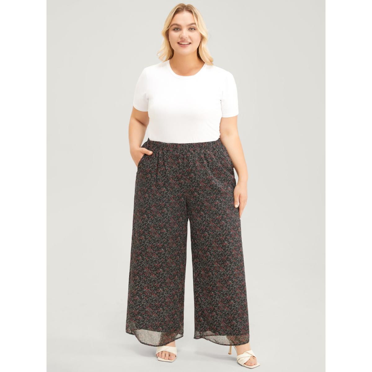 Plus Size Ditsy Floral Pocket Elastic Waist Pants Women Black Elegant Mid Rise Dailywear Pants BloomChic 14-16/1X Product Image