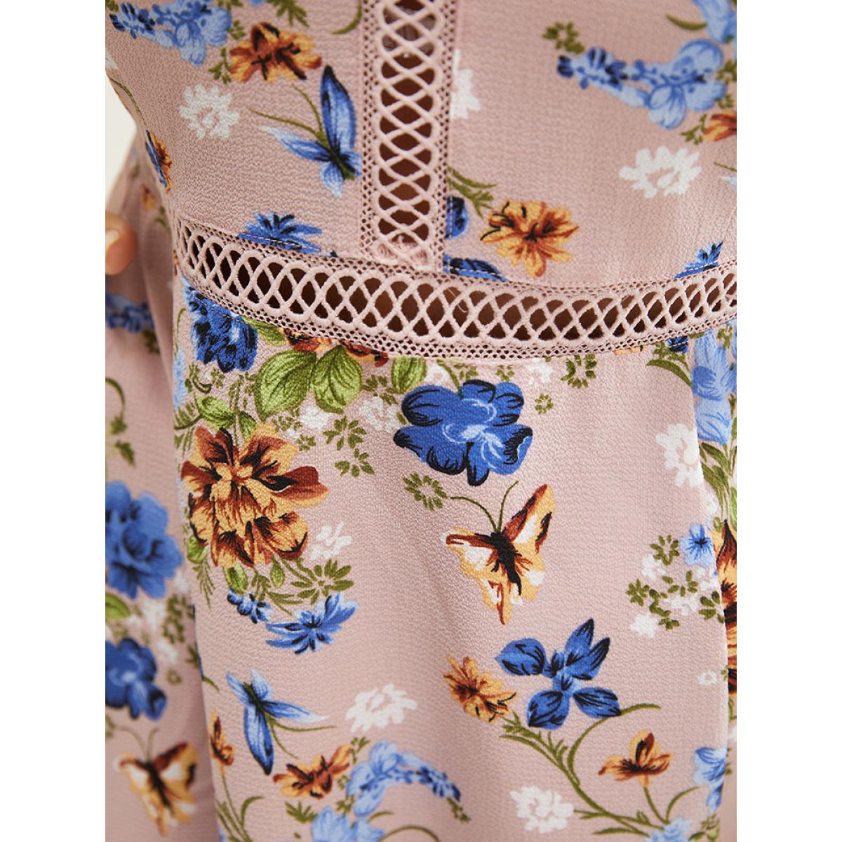 Plus Size Floral Pocket Lace Insert Split Pompom Trim Halter Dress Pink Women Elegant Lace Halter neck Sleeveless Curvy Midi Dress BloomChic 26/4X Product Image