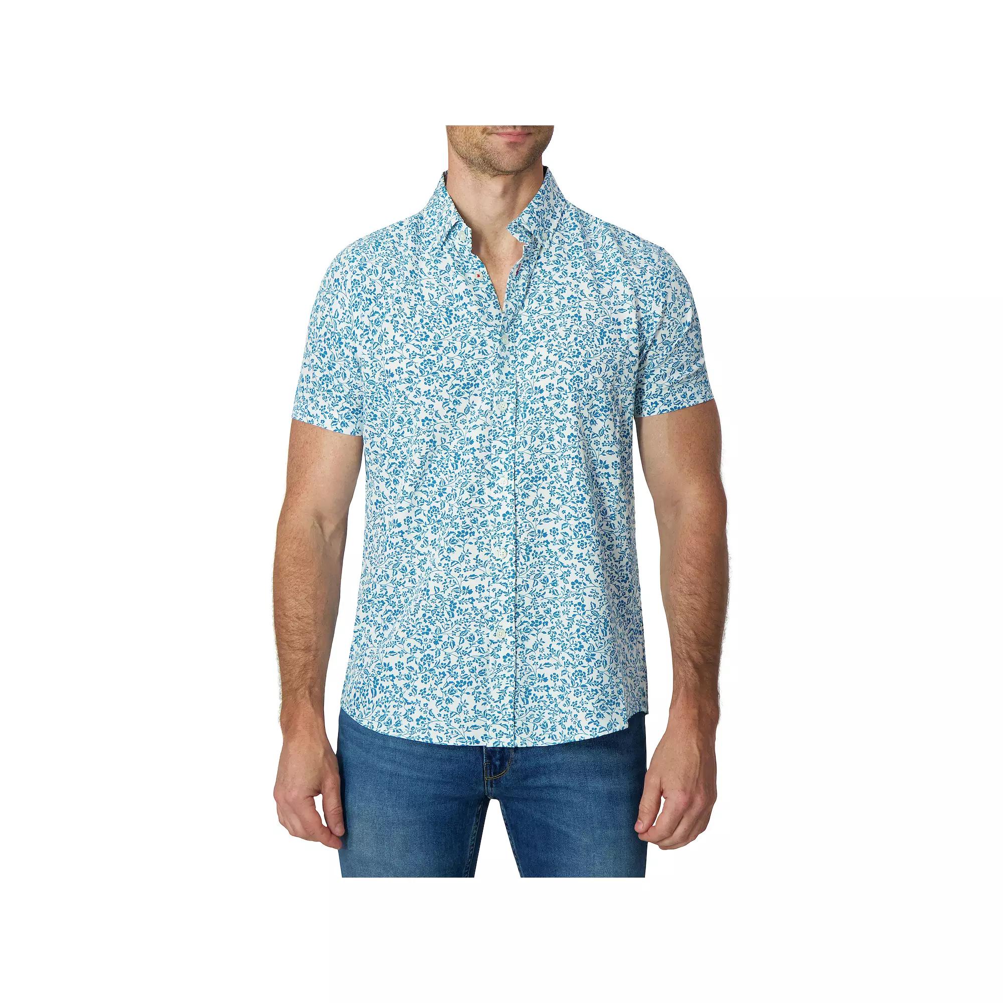 Men's Report Collection Short Sleeve Stretch Tropical Print Woven Button-Down Shirt, Size: Large, Blue Product Image