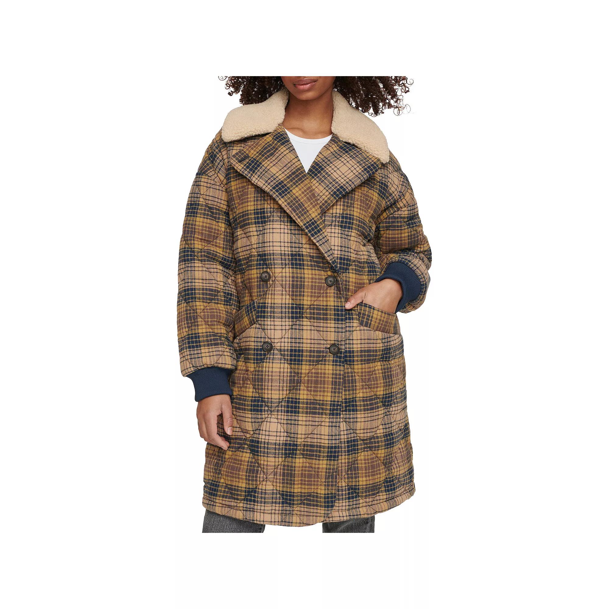 Women's Levi's® Quilted Plaid Jacket with Sherpa Collar, Size: Medium, Brown Navy Plaid Product Image