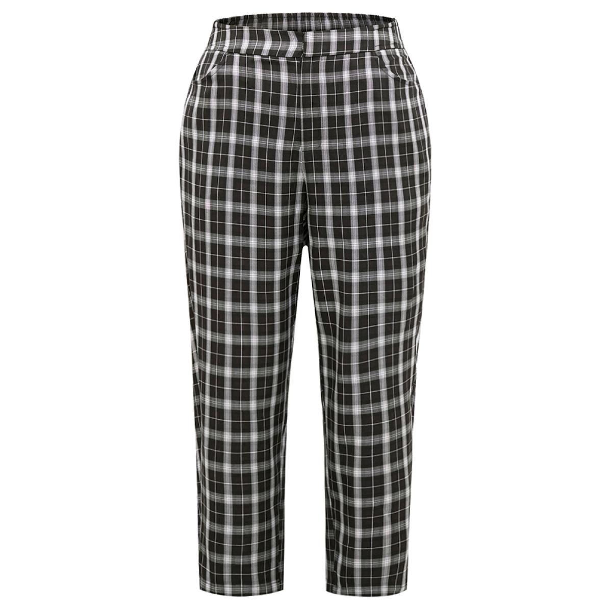 Plus Size Plaid Elastic Waist Straight Leg Pants Women Black Office Straight Leg High Rise Work Pants BloomChic 22-24/3X Product Image