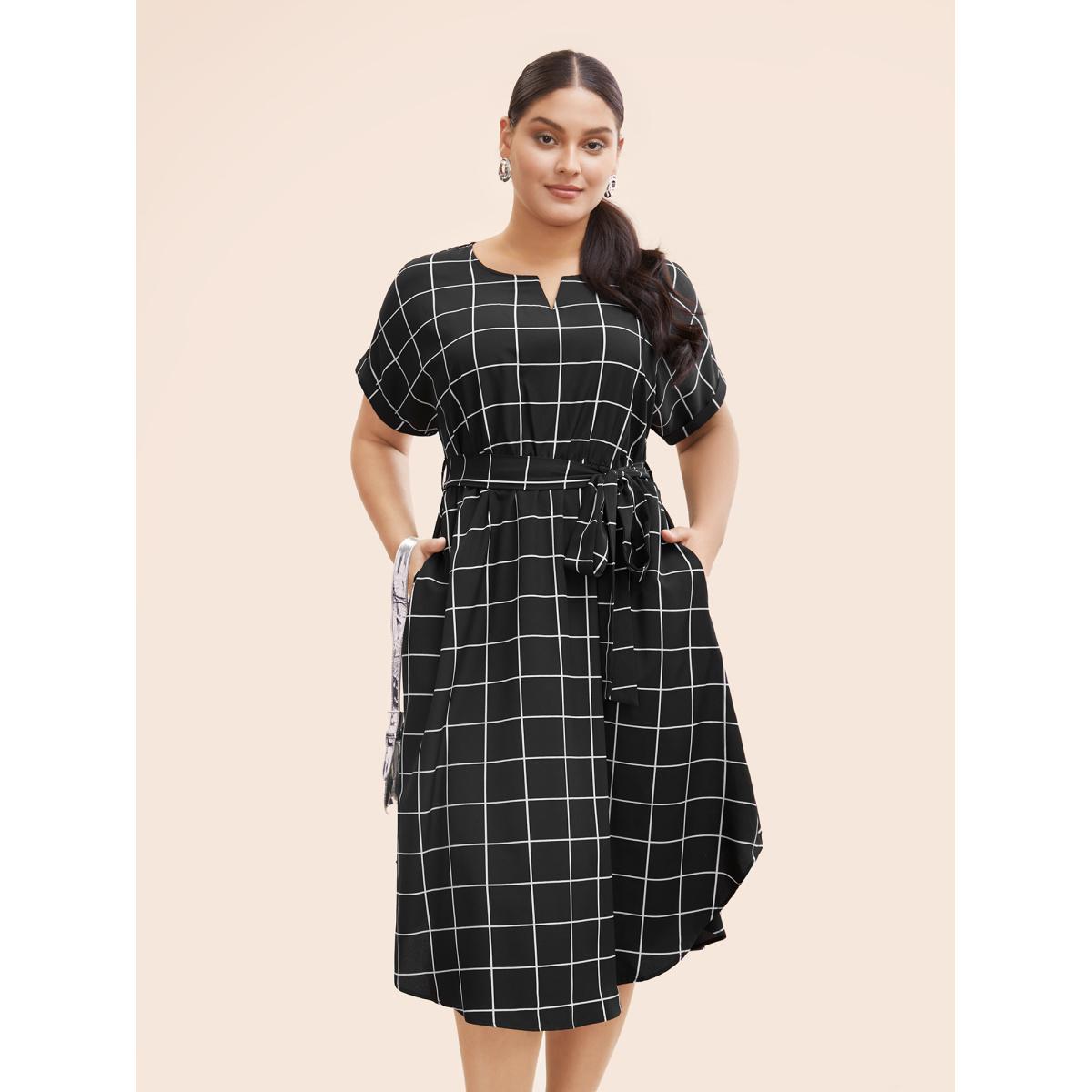 Plus Size Plaid Notched Collar Dolman Sleeve Dress Black Women At the Office Belted Notched collar Short sleeve Curvy BloomChic 28/5X Product Image