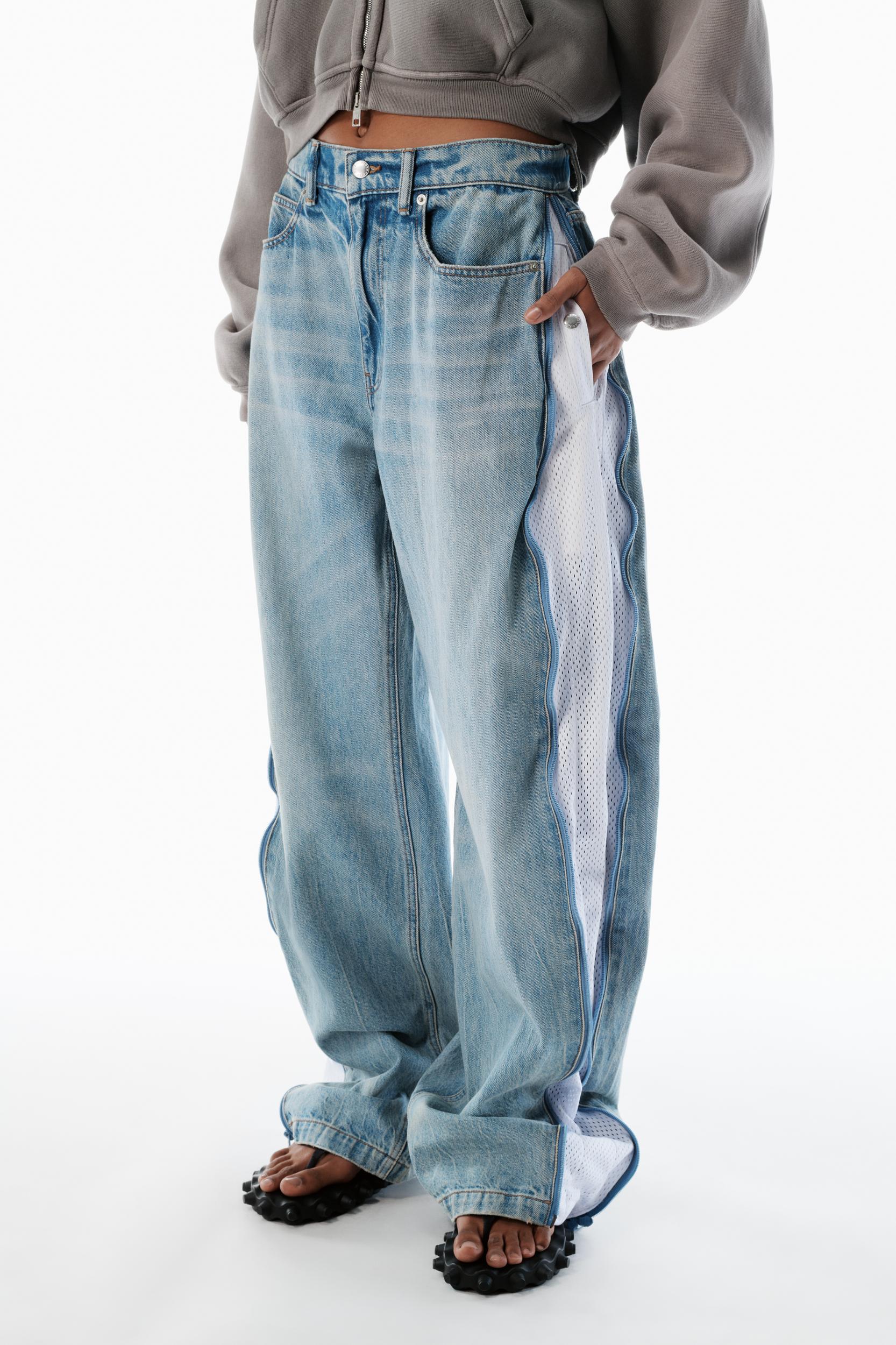 Bleach Blue Denim And Mesh Zipper Pants - Petite Product Image